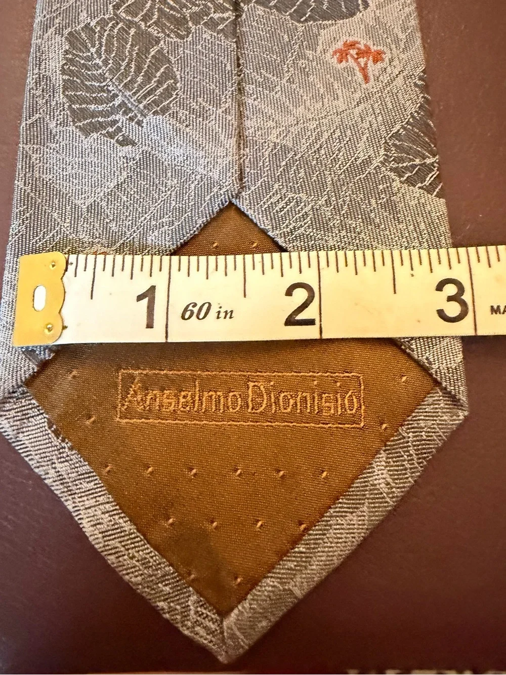 Arselmino Dionisio Grey Leaf Pattern vintage silk Tie with Orange Palm Accent